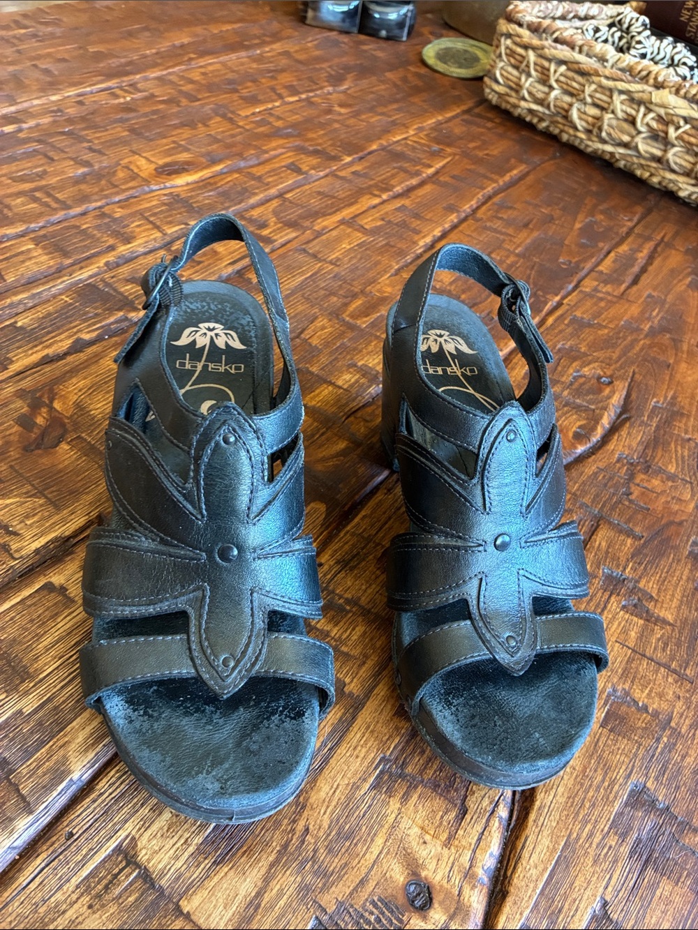 Dansko Black Leather Floral Cutout Slingback Sandals